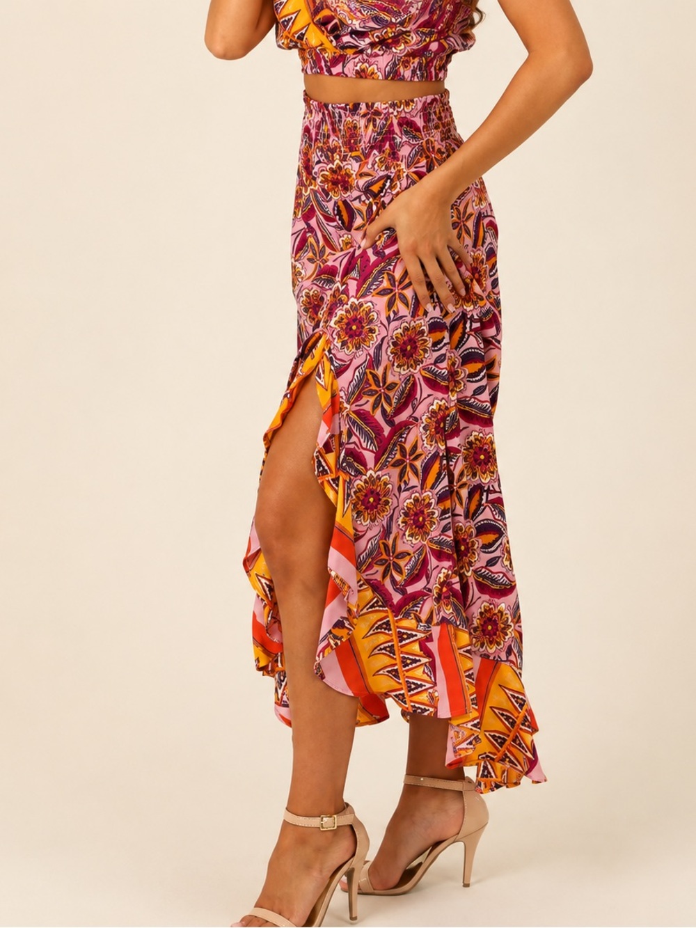 Angie Boho Floral High-Low Midi Skirt Medium Pink Purple Orange Festival